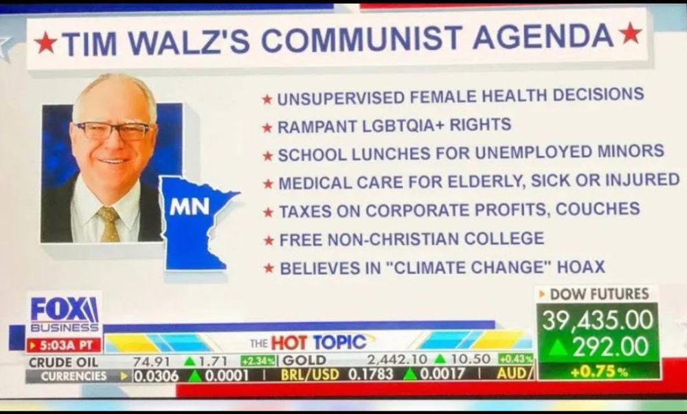 Screen capture of Fox News talking about Tim Walz’s “Communist Agenda”. 