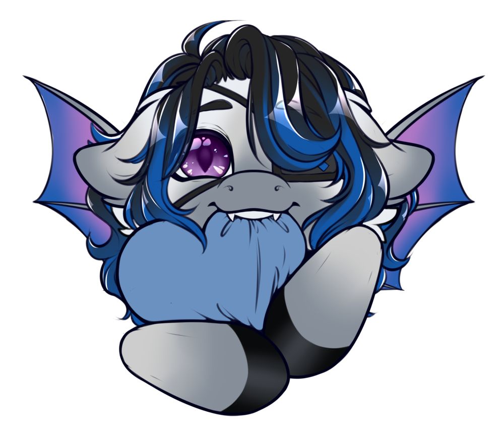 A grey bat pony with blue and purple accents chomping on a heart-shaped cushion