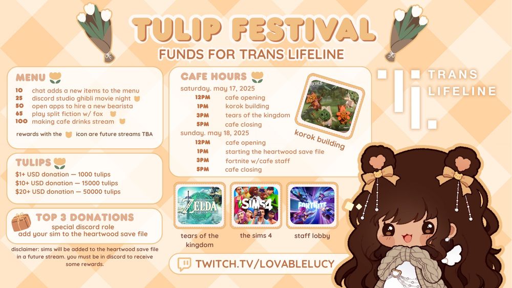 the picture is a graphic detailing the tulip festival charity event. it has a yellow checkered background with artwork of lucy's vtuber model. it has square icons of 3 different games: the legend of zelda: tears of the kingdom, the sims 4, and fortnite. there's a square picture of lego koroks. the trans lifeline logo is on the top right corner.