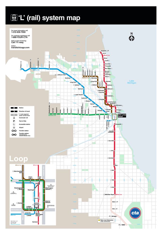 A projected map of the CTA after the fiscal cliff. 
Only part of blue and green remain, and red and brown are the only untouched lines. 