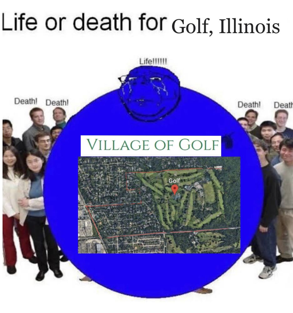 An image with the caption Life or Death for Golf Illinois, with a crowd of people chanting death. 
