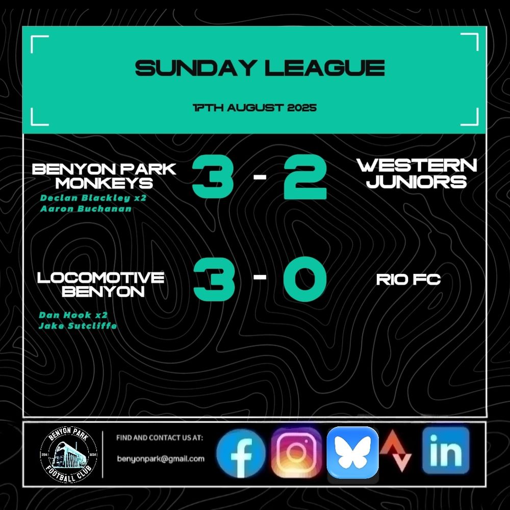 A results card for the 17th August 2025, Benyon Park Monkeys are shown to have beaten Western Juniors 3-2 with Declan Blackley scoring 2 and Aaron Buchanan one. While Locomotive Benyon defeated Rio Fc 3-0 Dan Hook with 2 goals and Jake Sutcliffe with 1. 