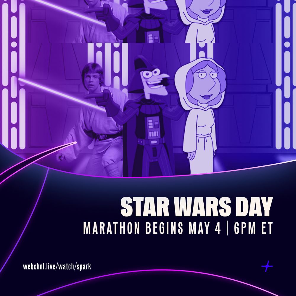Promotional image of Luke Skywalker, Darthenshmirtz and Lois as Princess Leia. "STAR WARS DAY" "MARATHON BEGINS MAY 4 | 6PM ET" and "webchnl.live/watch/spark" in white text and a blue Spark icon.