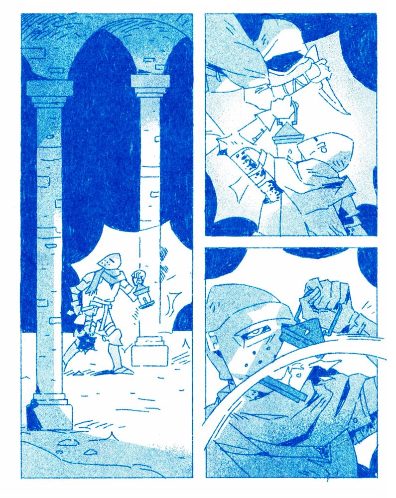 PAGE 2
Panel 1
The knight, now in a large hall, looks behind him, having sensed a presence. A humanoid silhouette lurks behind a column. 

Panel 2
A hooded bandit wielding a knife leaps into frame; the knight holds up his lamp to illuminate the figure…

Panel 3
…and instinctively blocks the strike with his lantern, breaking the glass. One eye is visible through his helmet, looking unsurprised. The bandit’s attack is represented by a slash that curves across the panel, cutting it in half. 