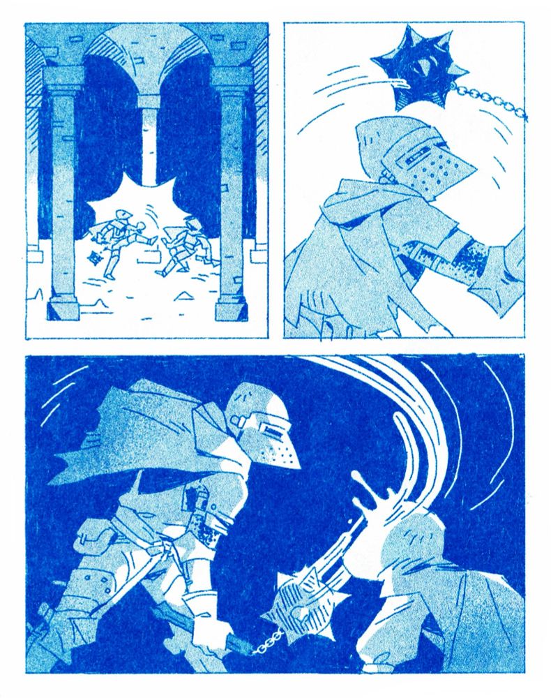PAGE 3
Panel 1
A pulled back view of the hall. The knight kicks back the bandit to buy himself a moment.

Panel 2
On a background of white, he swings back his flail. One eye, cold and without expression, is visible through his helm.

Panel 3
He brings down the flail without mercy on the bandit’s head. Silhouetted blood spurts from the site of impact. 