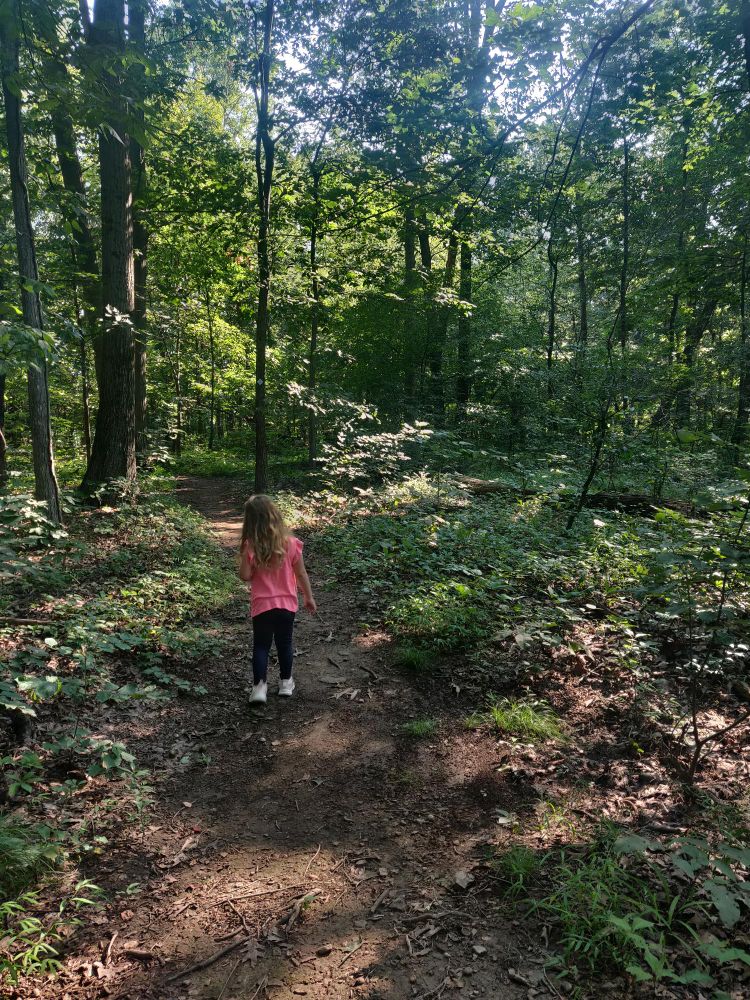 My daughter walking on a nature trail in the woods.