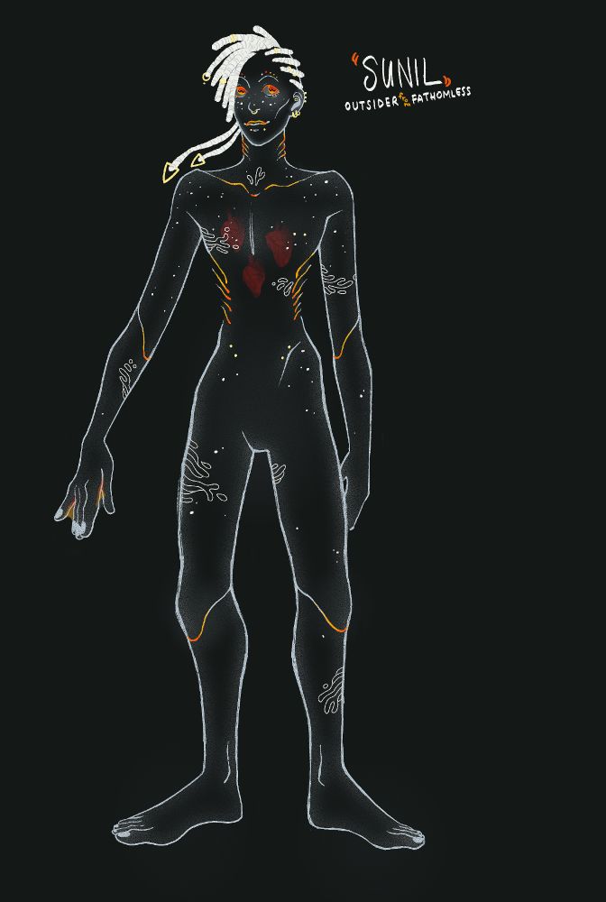 pinup of the character the author is using for the latest rpg mission. his character design is inspired by deep sea creatures, featuring see-through skin, three hearts and yellow/orange decors. he’s a tall gangly guy with whiteish hair similar to anemone tendrils and dreadlocks, he has orange-ish eyes with w shaped pupils and some piercings. 