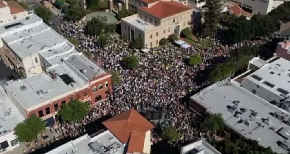 Aerial view of crowd at No Kings San Luis Obispo
