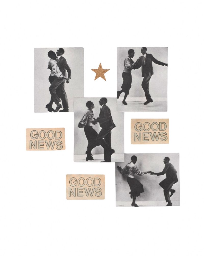 A collage featuring four images of a couple dancing excitedly surround by the phrase “GOOD NEWS” 3 times and a gold star.