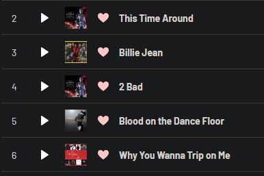 A lastfm page showing the top five Michael Jackson songs for @d49k. Each song is represented by its album cover and title, along with play and like buttons. The five songs (top two to six) listed are: This Time Around, Billie Jean, 2 Bad, Blood on the Dance Floor, and Why You Wanna Trip on Me.