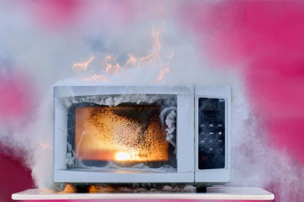 An exploded, smoking microwave.