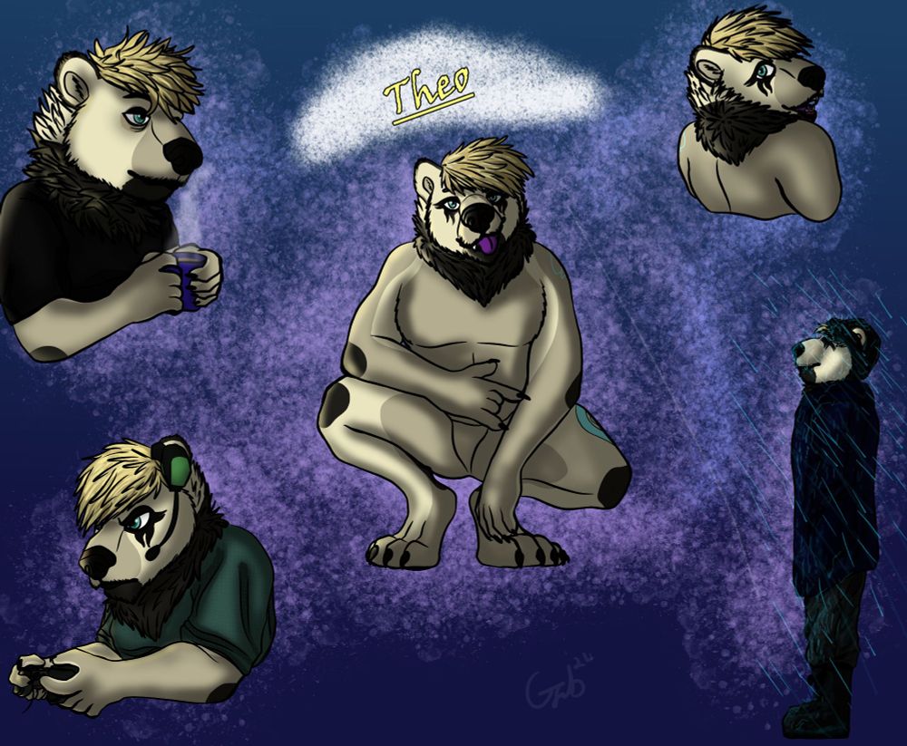 a "moodboard" of a cream, light brown and dark grey coloured male Polar Bear in a variety of different poses/scenarios;
Top-left - The character staring tiredly to the right whilst holding a freshly made cup of tea
top-right - The character looking over their right shoulder with a open-mouth happy expression
bottom-right - the character standing in the rain facing to the left, wearing a dark blue coat, black beanie hat, black sweatpants, and black winter boots, closing their eyes with a smile as their head is tilted up towards the rainfall.
bottom-left - The character is gaming, facing to the left and hunched forward with an xbox controller in hand, gaming headset on their left ear and with a very serious expression, as if in concentration.
center - The character is facing the viewer squatted down and leaning forward, resting their elbows on their thighs with the right hand doing the Rock-and-roll gesture, tongue poking out in a cheeky manner.

