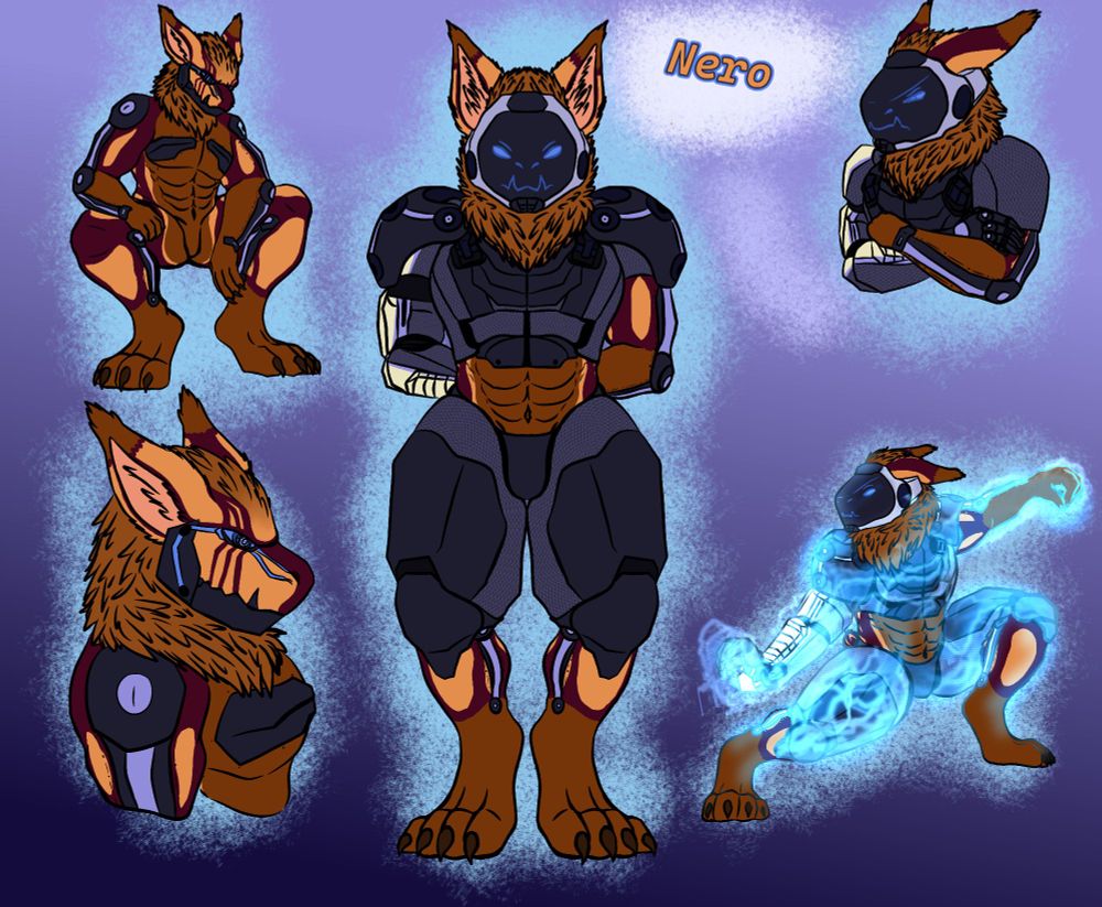 "Moodboard" of a Orange and red protogen with blueish-gray armor, in various poses.

Center: The character is standing with their arms behind their back.
Top Right: The character has their arms folded and looking off to the side with a grumpy expression.
Bottom Right: Character is in a Tai-Chi pose, channeling a light blue energy/aura around their body.
Top Left: The character is unarmored and unmasked, sitting and leaning their elbows on their thighs looking at the viewer.
Bottom Left: Yet again character is unarmored and unmasked, showing a right-side profile view from the chest up.