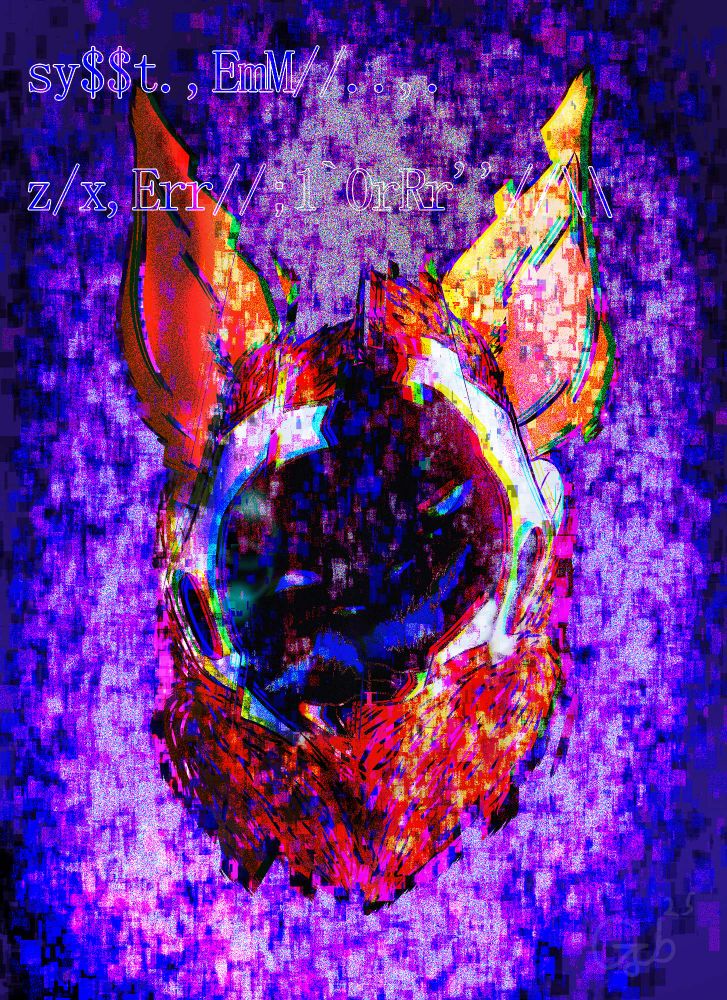 My Protogen Nero suffering a virus, one side of his visor showing a pained/saddened look, the other side with a sinister smile. He is engulfed in electronic noise, and the appearance of his head is like a screen glitching out. There is text in the top right that reads "sy$$t.,EmM//.... z/x,Err//;0rRr''//\\