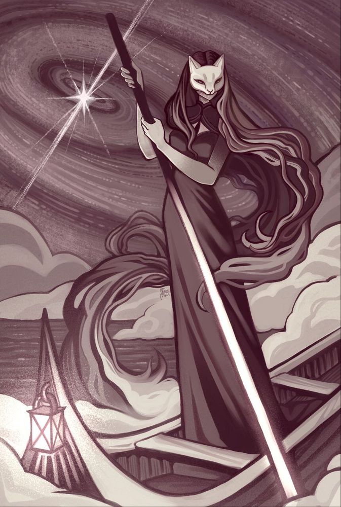 A tall dark silhouette. A female figure in a white cat mask stands in a boat and holds an oar, around a white fog over the river and in the sky a whirlpool that forms around a bright star.