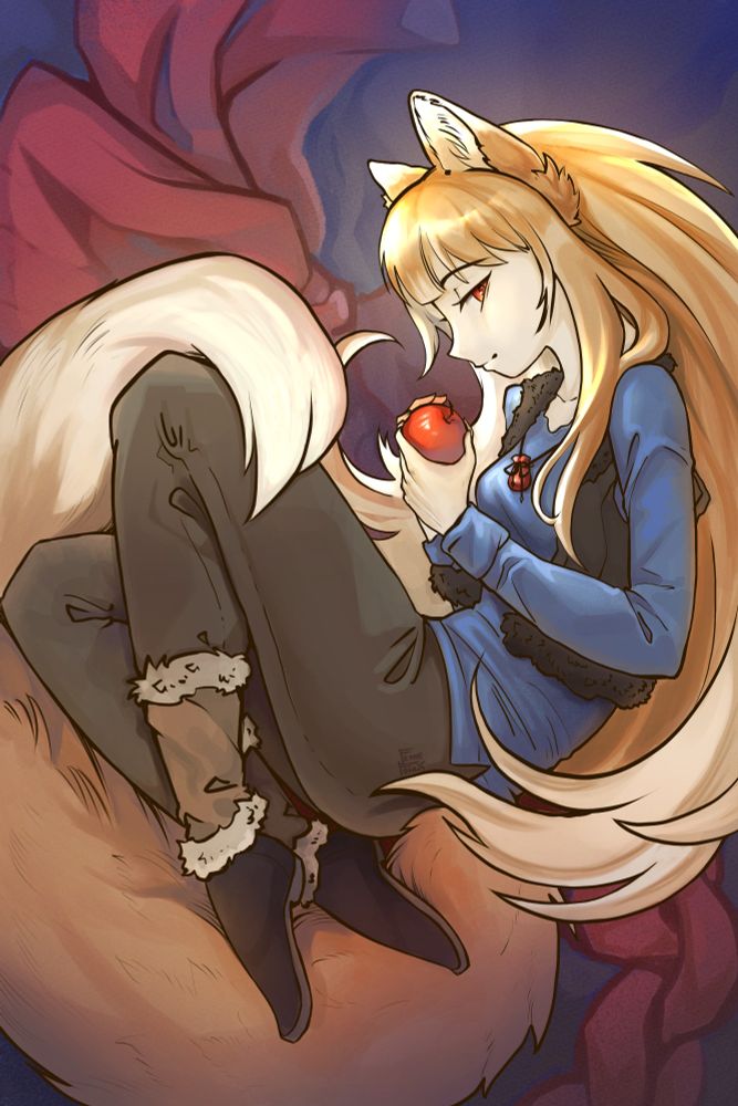 A girl on an abstract background, which depicts a blue cape and a red belt. The girl is holding a bright red apple in her hands, the same as her eyes. The girl seems to be lying down and turned in profile, but looking at the viewer. This is a character from the anime wolf and spice named Horo. She has wolf ears and a tail.