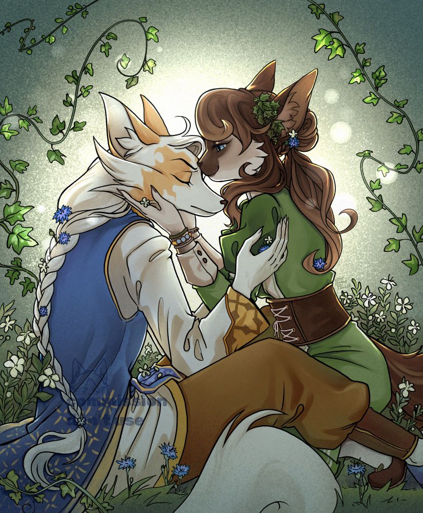 The anthro characters are a white fox and a Burmese cat. They are sitting in a garden with white myrtle and cornflowers, surrounded by ivy. The fox is gently holding the cat's hands, and there is a mixture of emotions on his face. The cat is looking tenderly at the fox and kissing him on the forehead.