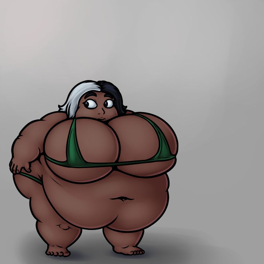 Drawing of my self insert as a chonky shortie in a string bikini, looking a little self conscious