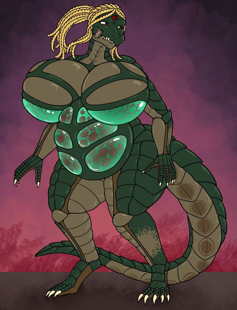 A flat colour pin up of Samus from the Metroid series having transformed into a metroid human hybrid, with armoured scale plating along her limbs and back, a long reptilian tail, claws, and chitin like tendrils resembling hair. She has three eyes, a snout with side mandibles. And, incredibly large breasts, belly, and thighs. Her belly and lower breast is vaguely translucent like a metroid. And inside you can see many circles implying eggs.