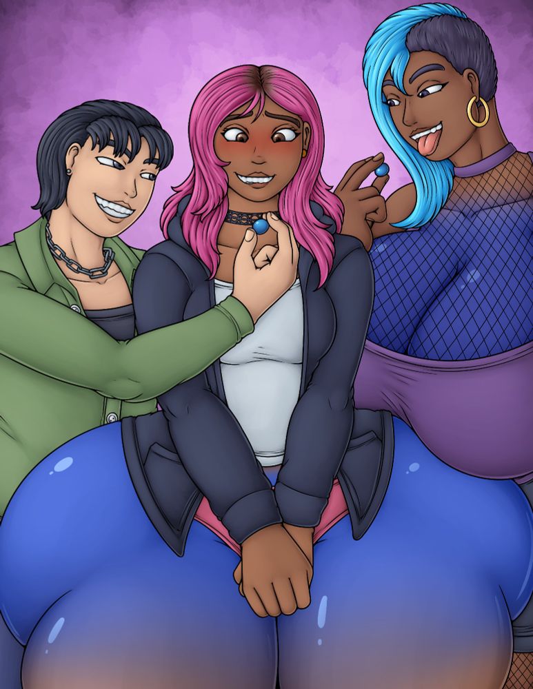 A pin up of the main cast of my upcoming comic, Blue Treats! On the left is Blake, trans man in a green button up and chain around his neck. Center is Zoey, trans gal wearing a black hoodie, with bright pink hair, and a massively blimped blueberry booty. On the right is Sapphire, another trans woman in a fishnet top with a partial buzz cut and bright cyan hair- with some also large blueberry tiddies! Blake and Sapphire tease Zoey with the idea of another gummy, and she blushes in desire.