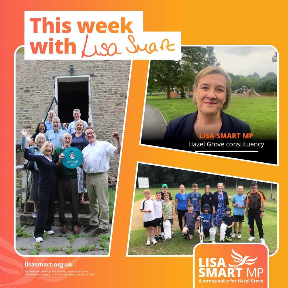 Lisa Smart MP celebrating the success of the Wharf, Marple; in one of the local parks for Love Parks week; and visiting Offerton Cricket Club