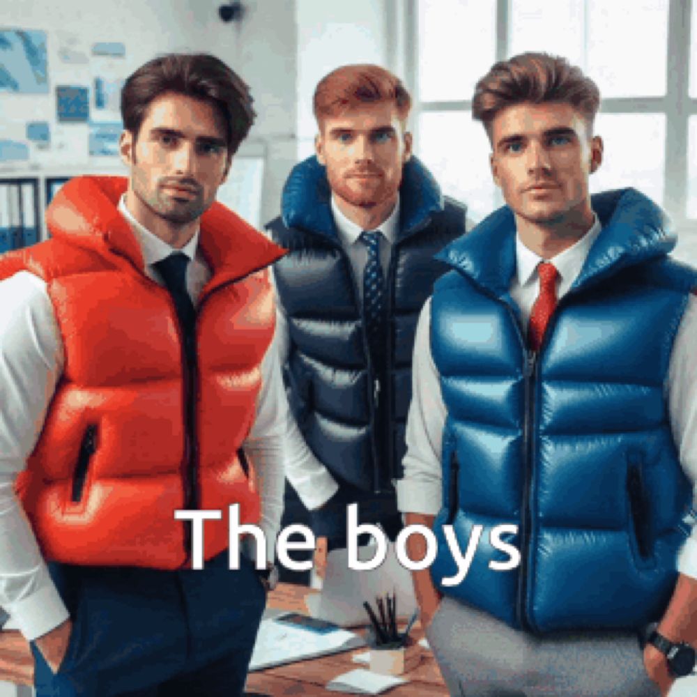 three men wearing vests and ties standing next to each other with the words " the boys " above them