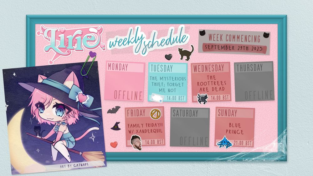 Tuesday 2pm BST - The Mysterious Thief; Forget Me Not
Wednesday 2pm BST - The Roottrees are Dead
Friday 2pm BST - Family Friday with Xanderquil
Sunday 9pm BST - Blue Prince
