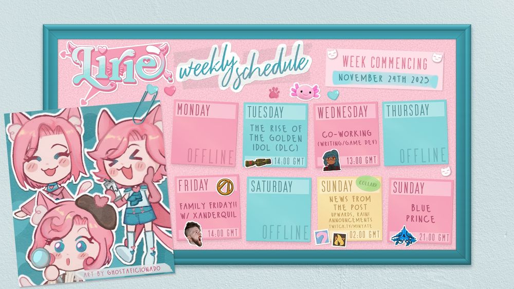 Tuesday 2pm GMT - The Rise of the Golden Idol DLC
Wednesday 1pm GMT - Co-Working (Writing and Game Dev)
Friday 2pm GMT - Family Friday with Xanderquil
Sunday 2am GMT - News from the Post - Upwards, Rain! announcements on minyate's channel
Sunday 9pm GMT - Blue Prince