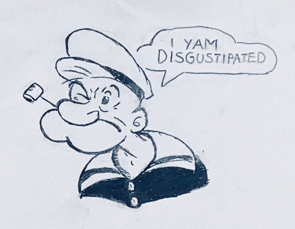 Traditional illustration of Popeye the Sailor Man expressing disgust