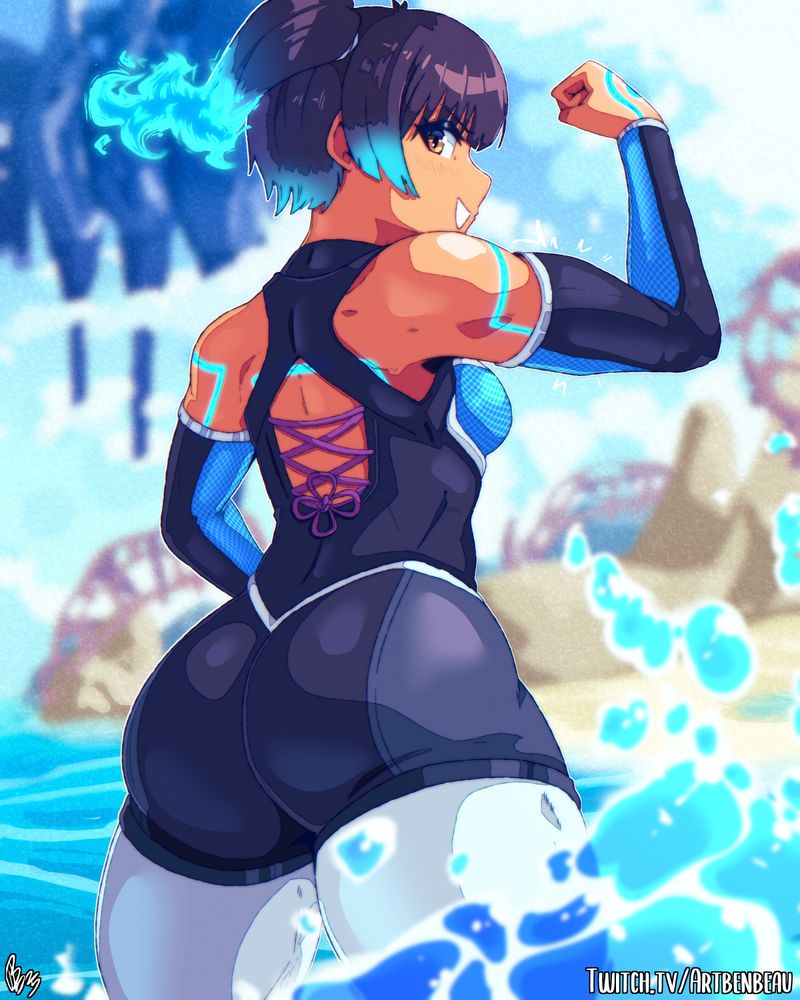 Digital Art. Sena from Xenoblade Chronicles 3 looking back towards the viewer while flexing her right arm. She's wearing a swimsuit while standing in the water in a beach area.