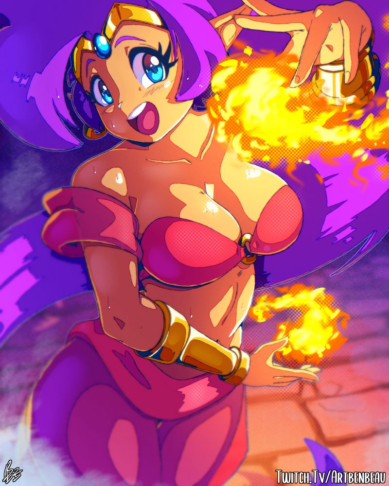 Digital Art. Shantae looking up towards the viewer while dancing with fire magic in a ruin-like area. Wearing a design inspired by her look in the upcoming (technically already released?) Risky Revolution game.