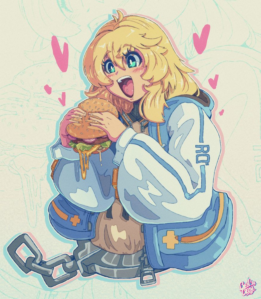 Digital Art. Bridget from Guilty Gear getting ready to absolutely devour a burger she's holding. She's about to go down on that thing, don't stop her.