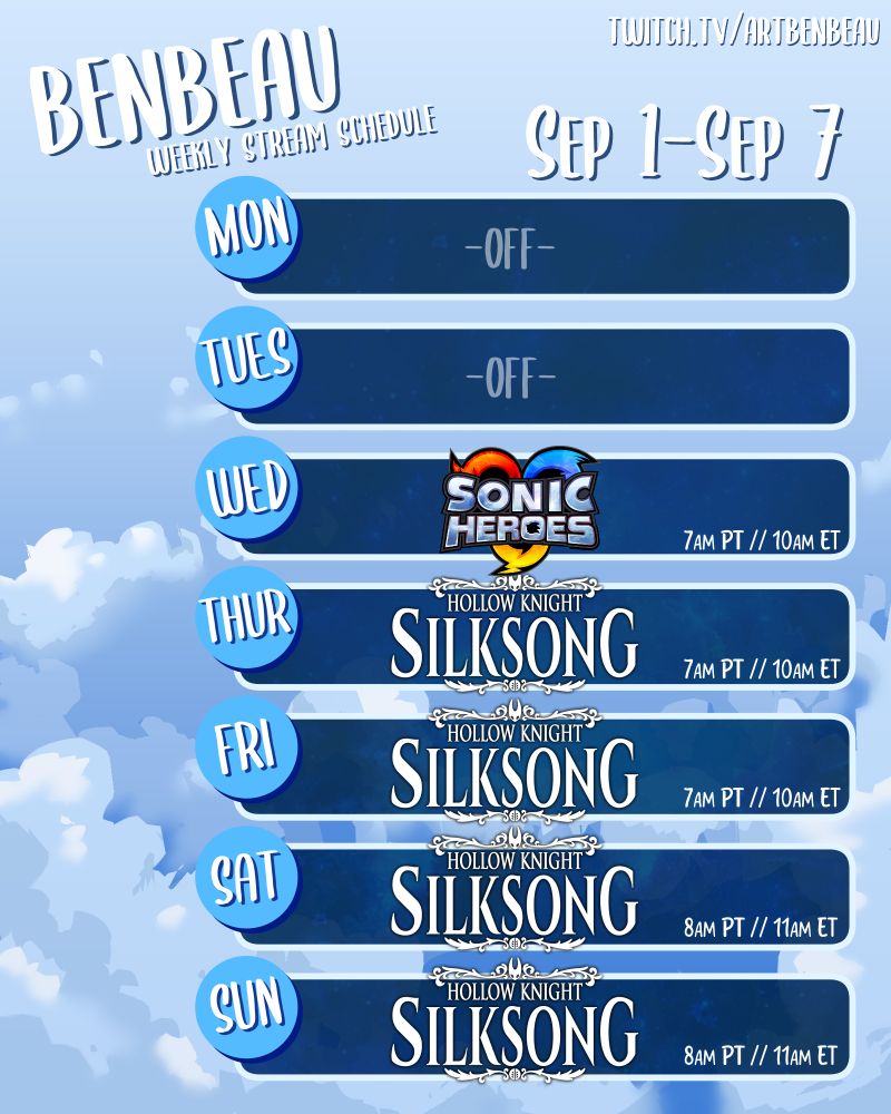 Stream Schedule for this week.

MON - OFF
TUES - OFF
WED - SONIC HEROES
THE REST OF THE WEEK - SILKSONG SILKSONG SILKSONG SILKSONG