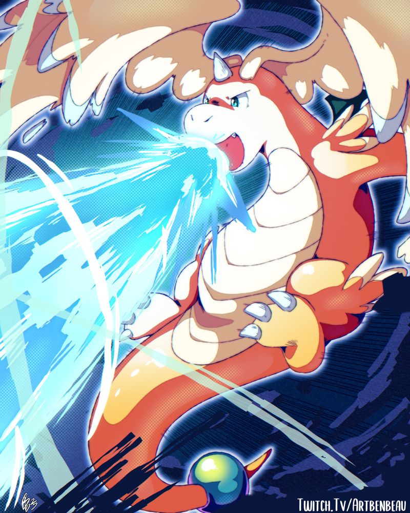 Digital Art. Mega Dragonite from Pokemon Legends ZA uses the move Hyper Beam while flying in the sky.