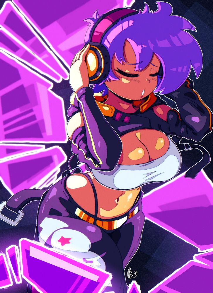 Digital Art. Shantae wearing her new High Voltage outfit from the upcoming Risky Revolution game. Her eyes are closed with her hands placed on the headphones covering her ears like she is listening to music. She is being lit up by the glow from her hair.