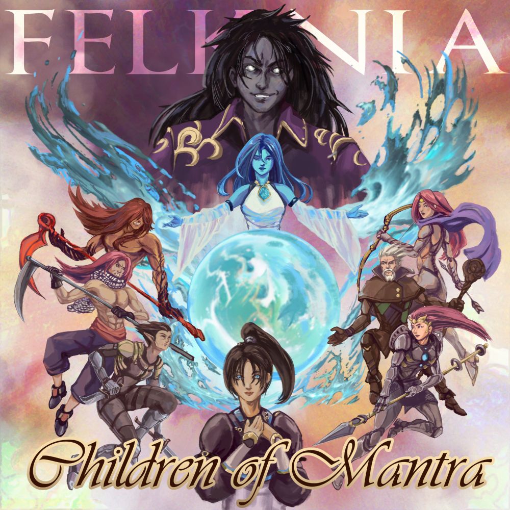 Cover art for Children of Mantra, picturing 9 characters. By Woolion