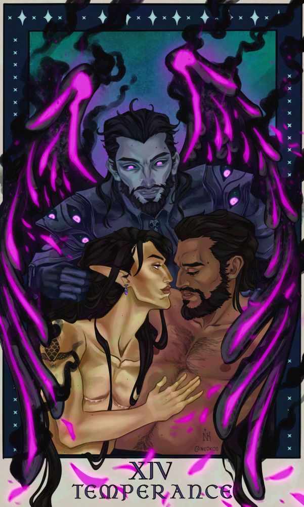 Illustration of the major arcana Tarot card Temperance using the Dragon Age characters Rook, Lucanis Dellamorte and Spite. My nonbinary transmasculine Rook Vitani is attempting to attack a hesitant Lucanis with his lips while Spite is looming above them, clearly yelling 