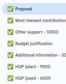 Screenshot of tabs in a google doc, one for each section of the proposal, all with a check mark in front