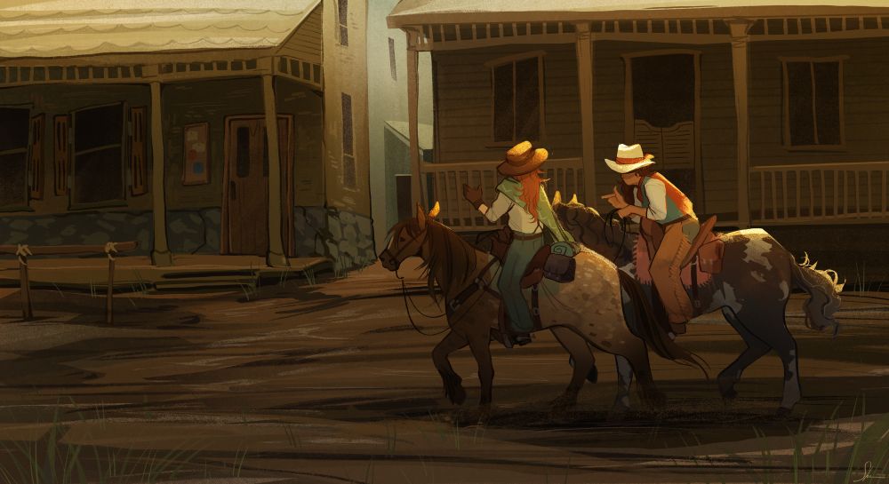 Two lesbian cowboys ride into a western town 