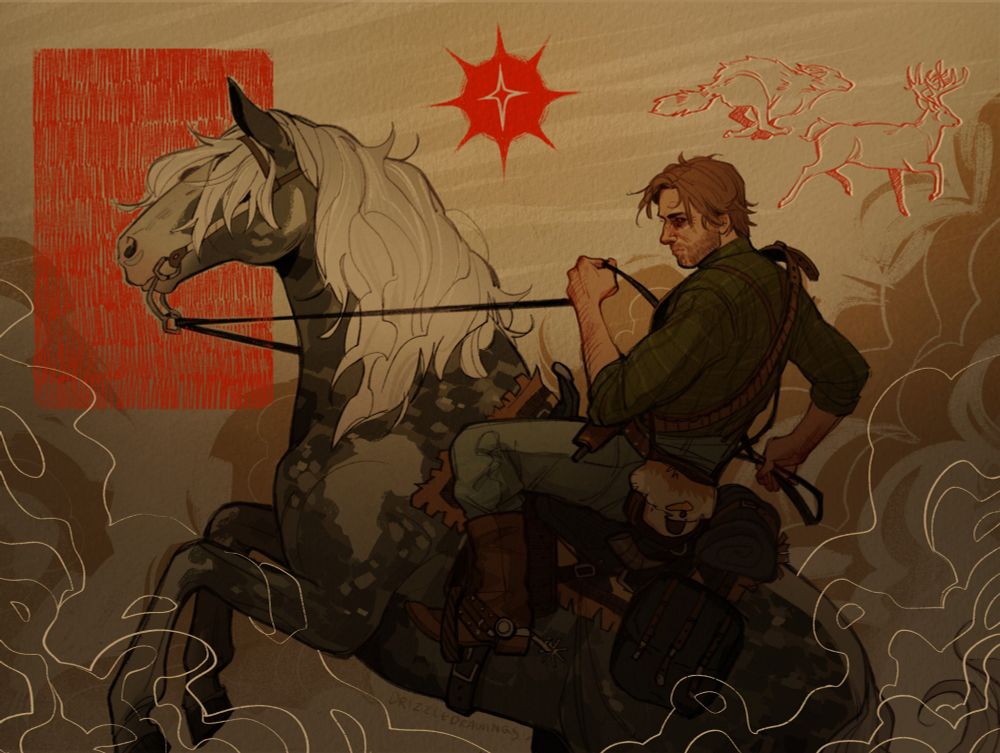 Drawing of Arthur morgan riding a horse, he looks angsty, there's clouds along the bottom of the illustration and above him there is a red star