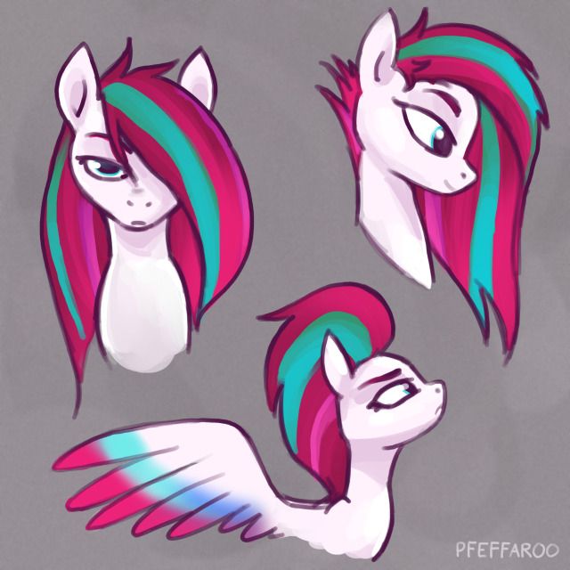 Three headshots of Zipp Storm sporting different long mane styles. One has a long fringe over one eye, the second is a modified Skrillex cut, and the last one resembles a soft pompadour. 