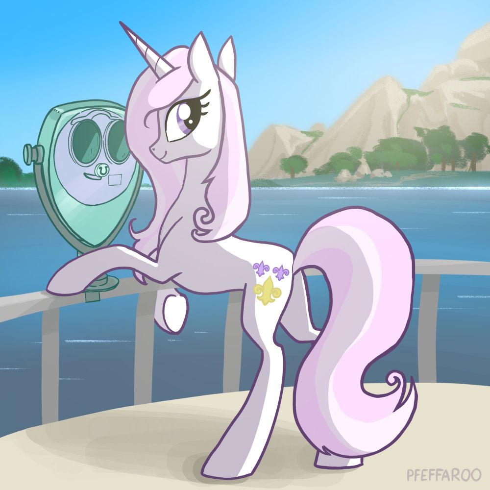 Fleur de Lis from My Little Pony standing on an observation deck with a tower viewer, her front legs on the railing, overlooking a body of water with distant mountains and trees. She is glancing back at the viewer and smiling softly. 