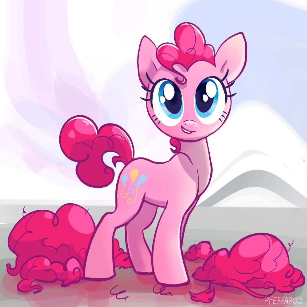 Pinkie Pie with a short mane and tail surrounded by chunks of discarded pink hair