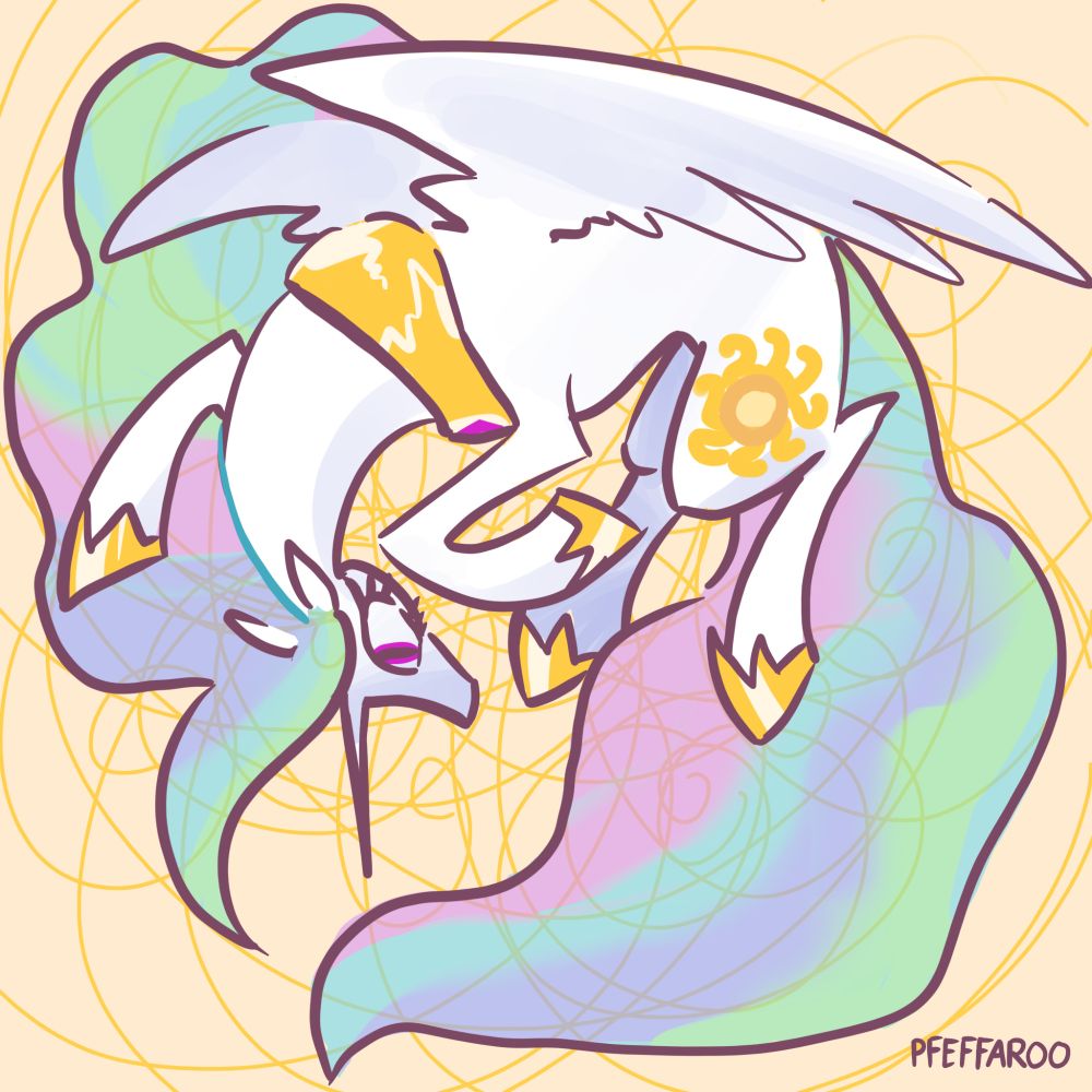 Princess Celestia on an abstract background of golden swirls. She is curled into herself with her horn pointing straight down. Her mane and tail are slightly transparent.