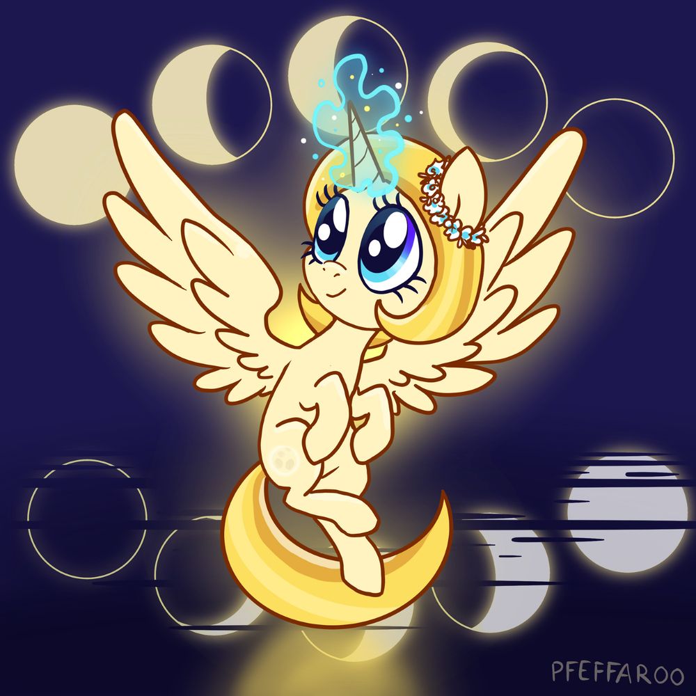 The Name AU version of Princess Luna, a small, pale yellow alicorn with purple-blue eyes, a ring of white flowers around her ear and a golden mane styled in a bob with a crescent shaped tail, hovers and casts a spell to change the phases of the moon, stylized behind her.