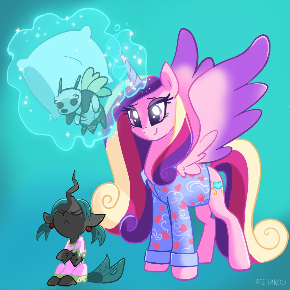 A gently smiling Princess Cadence in lavender pajamas stands behind a fussy little Chrysalis in a pink nightgown. Cadence is holding a pillow and a plush bugbear with her magic.