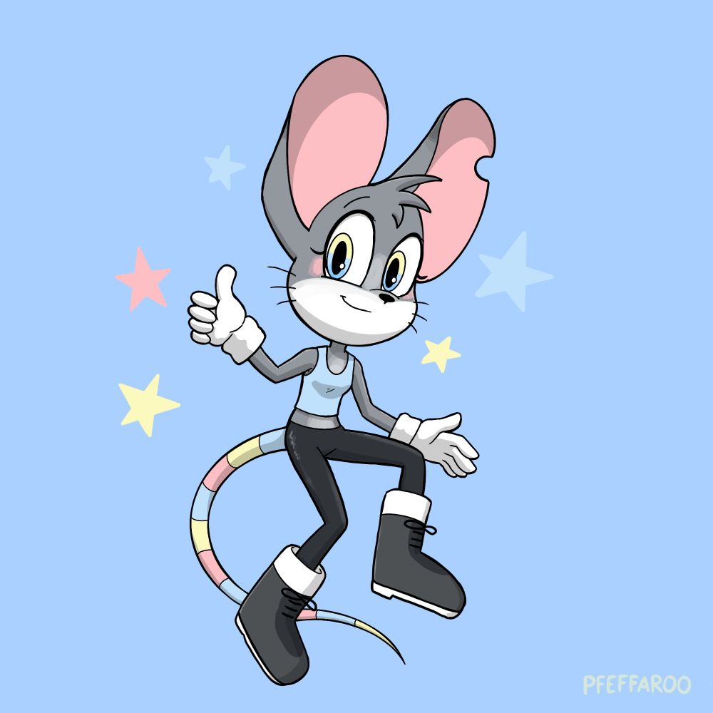 A grey rat in the art style of Sonic the Hedgehog, smiling and giving a thumbs up. She has a notch in her ear, yellow-blue gradient eyes, a baby blue tank top, black leggings and grey boots with white accents. The segments of her tail alternate between pastel blue, yellow and pink. The background is blue with matching pastel stars.