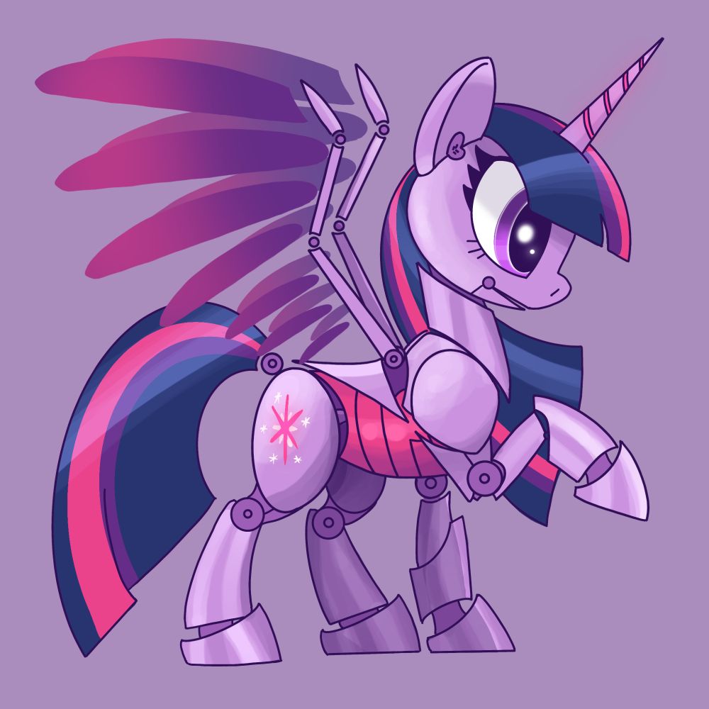 A robotic Princess Twilight Sparkle. Her body is made of metallic, jointed parts and the feathers of her wings are made of energy.