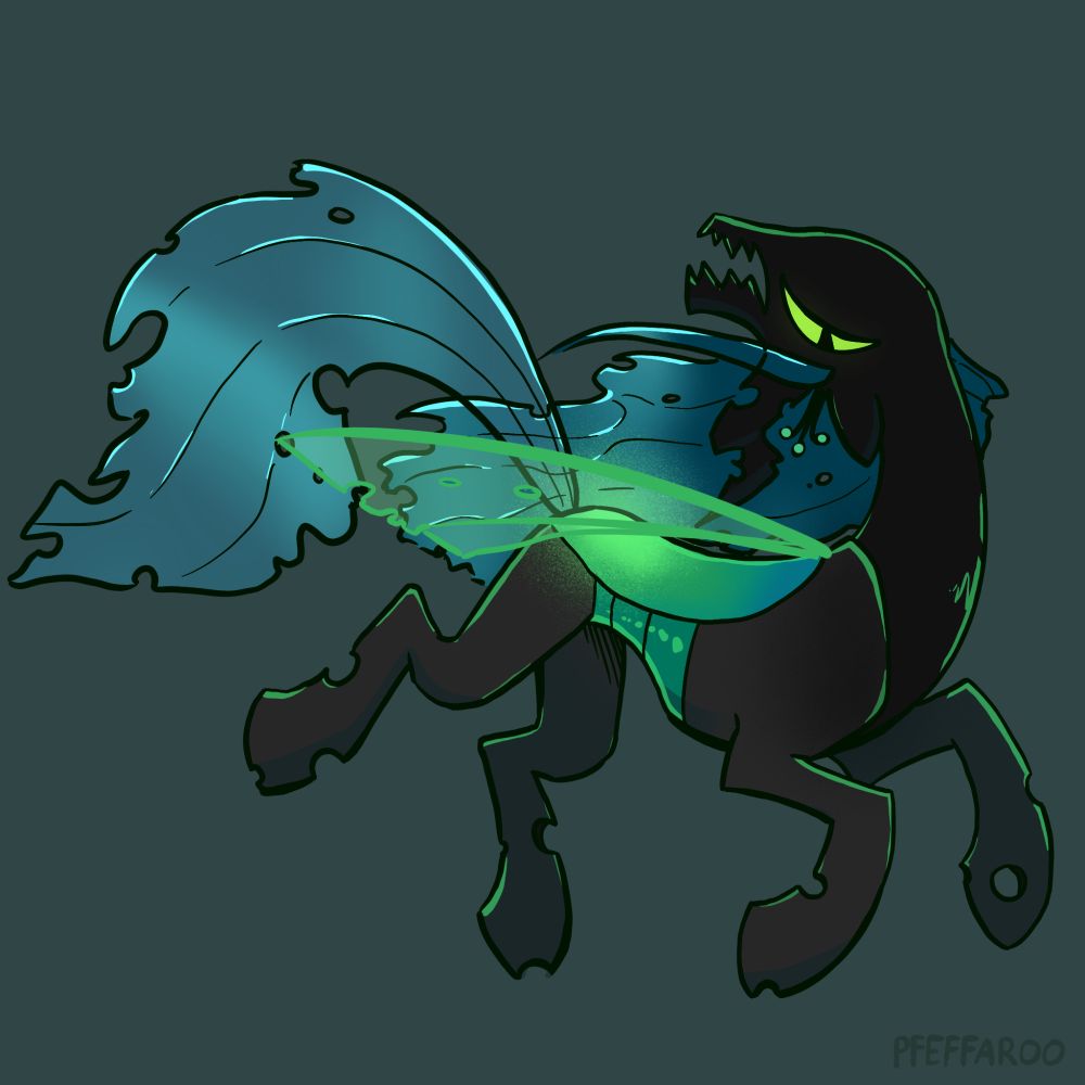 Queen Chrysalis on a plain dark blue-green background. She is laughing with her head thrown so far back that her horn points down to her shoulders. Her eye is a devious crescent slit. Her mane and tail flow behind her. 