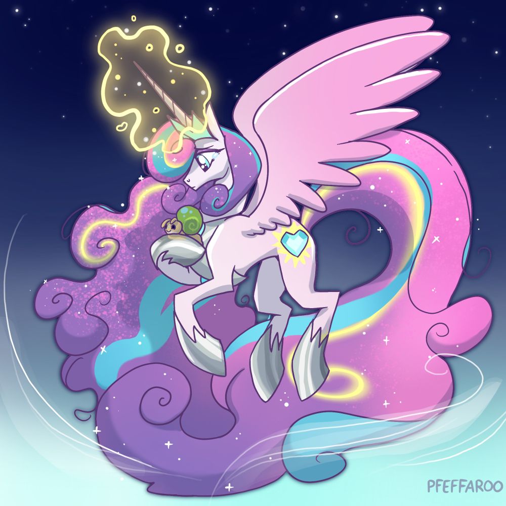 Adult alicorn Flurry Heart hovers in the night sky above wisps of snow, She has a glowing crystal heart Cutie Mark, an icy crystal tiara and silver regalia. Her horn glows with yellow magic, and a line of glowing yellow streaks through her billowing purple-pink mane and tail. She holds a faded plush snail to her chest. She is crying. 